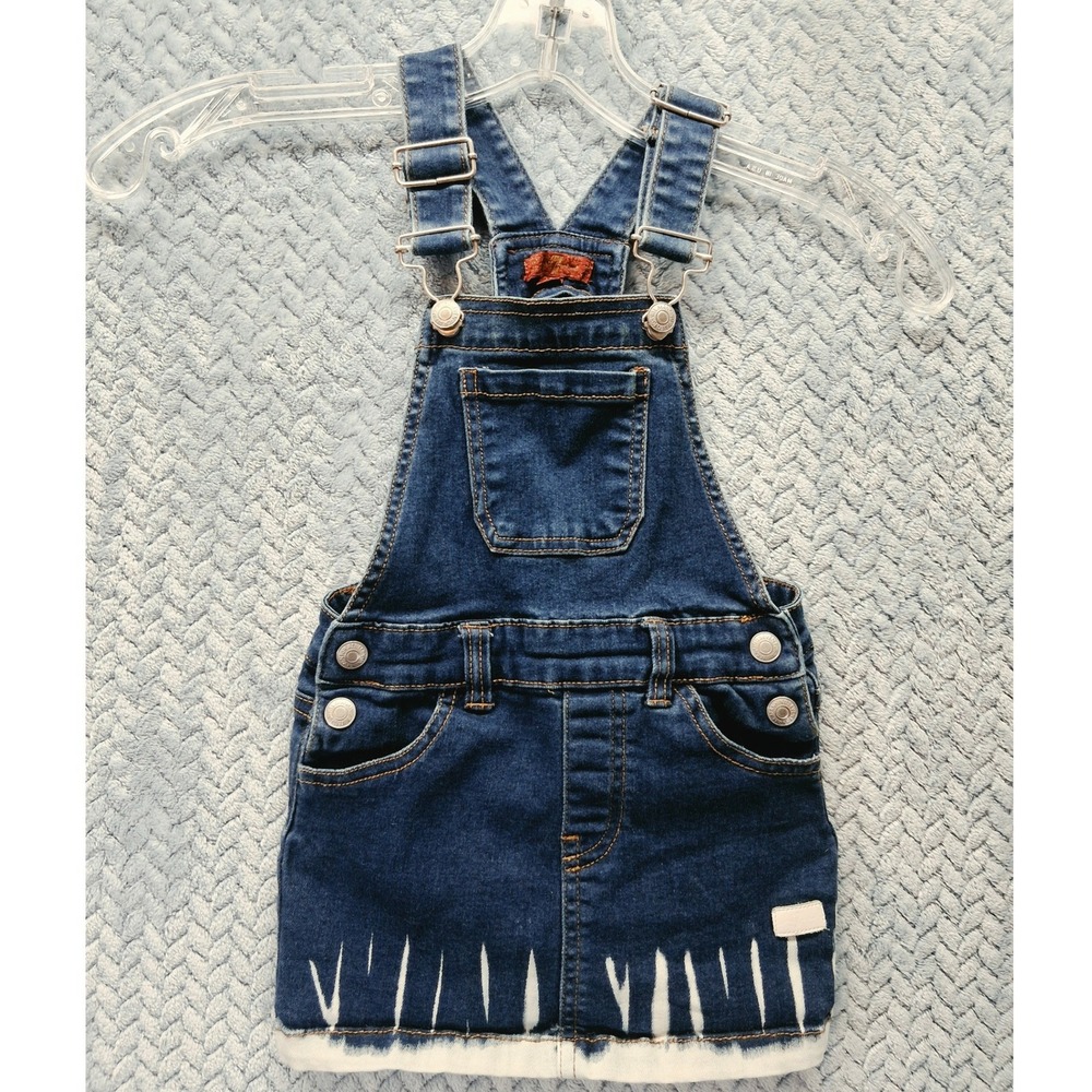 7 For All Mankind Toddler Girls Denim Overall Dress Dark Wash Bleach Hem 24M